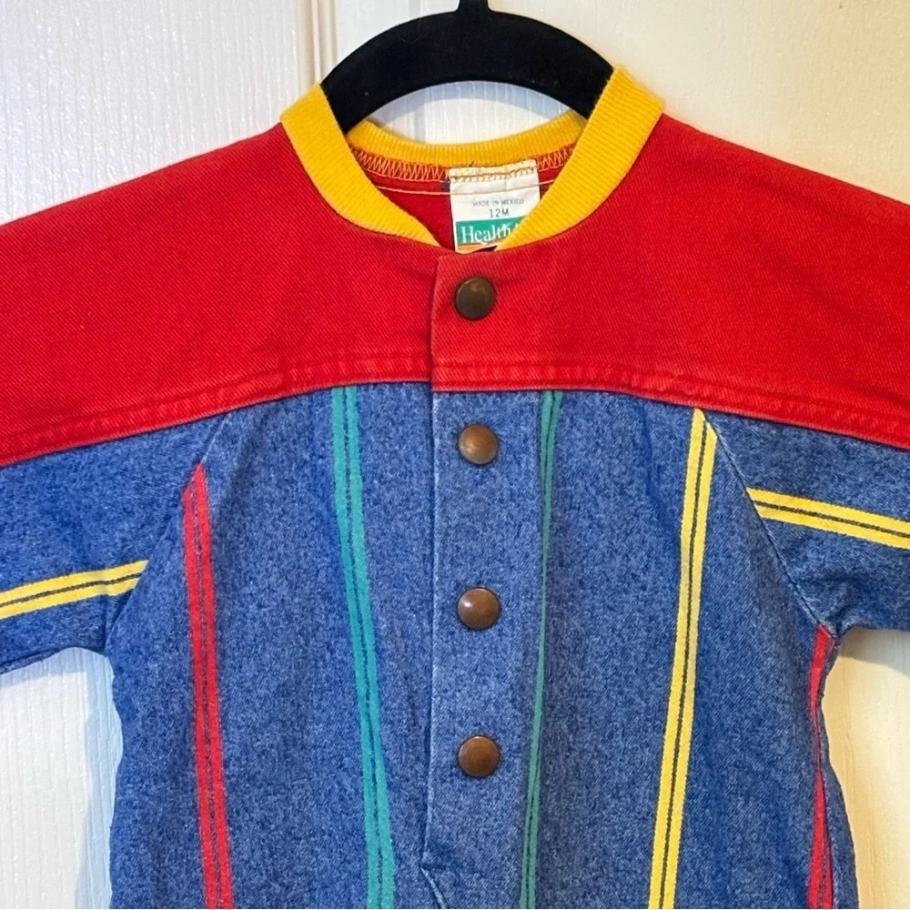 Healthtex Vintage 90s Denim Romper Primary Colors Snap Front Unisex 12 Months